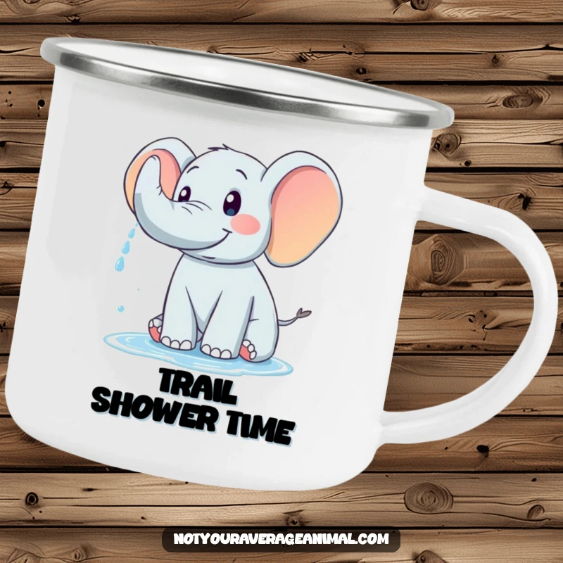 Funny camping mug with a happy elephant spraying water from its trunk, ideal for outdoor refreshment.