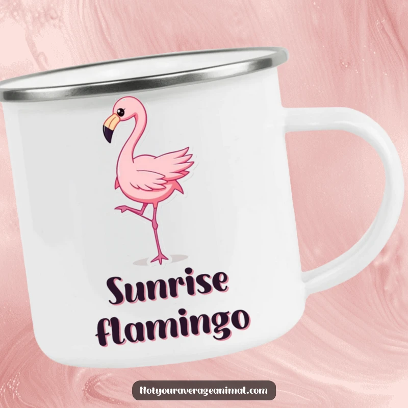 Funny flamingo dancing on a sturdy camping mug, perfect for outdoor fun and a cute funny gift.