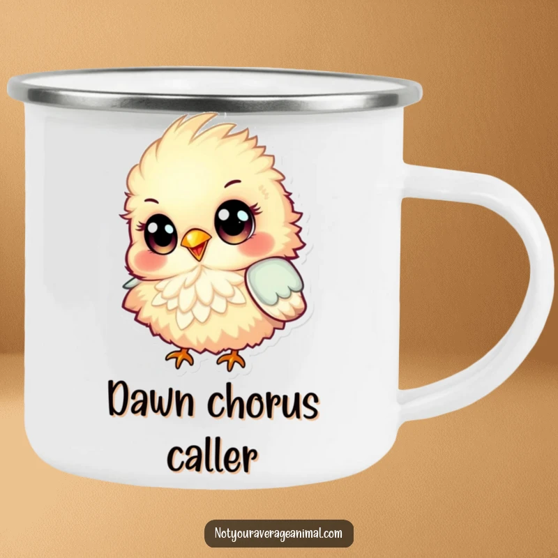 Funny Camping Mug featuring a fluffy, colorful bird with big eyes, happily chirping, ideal for outdoor adventures and warm beverages.