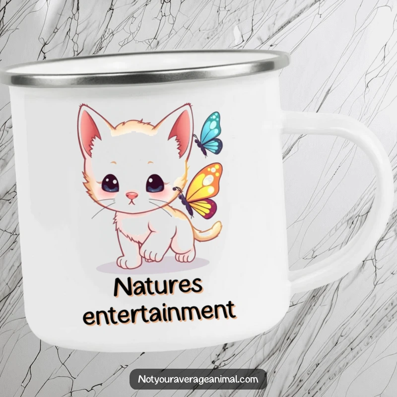 Funny curious kitten playfully chasing a shimmering butterfly, designed for durable outdoor camping mugs.
