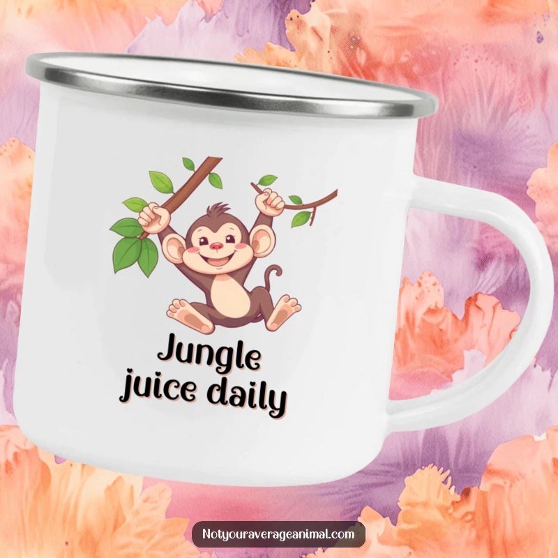 Funny monkey camping mug showing a silly monkey grinning and swinging from a vine, designed for outdoor fun.