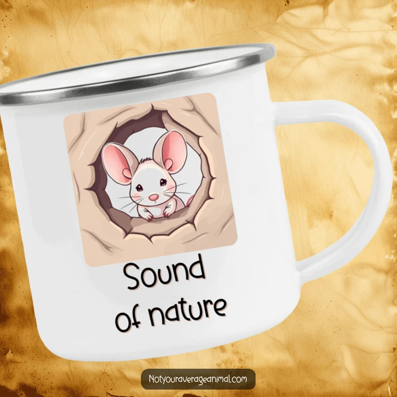 Funny camping mug showing a tiny mouse with prominent ears peeking from a hole, durable and humorous for outdoor use.