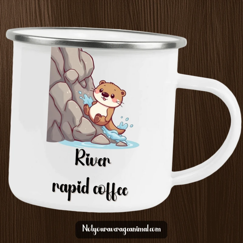 Funny camping mug: A playful otter slides down a rocky slope, splashing water with excitement.
