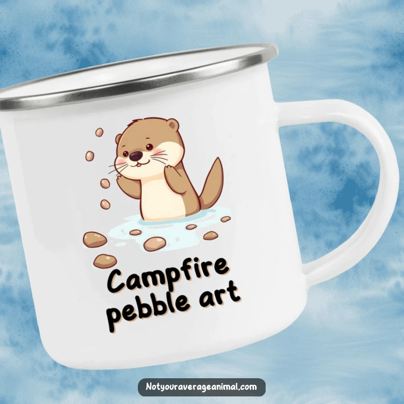Funny Otter Camping Mug featuring a curious otter character juggling shiny pebbles, ready for any outdoor adventure.