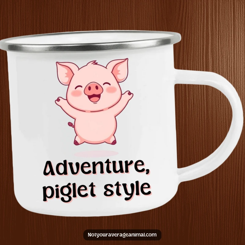 Funny Pink Piglet Camping Mug featuring a joyful piglet jumping with ears flapping, ready for any outdoor fun.