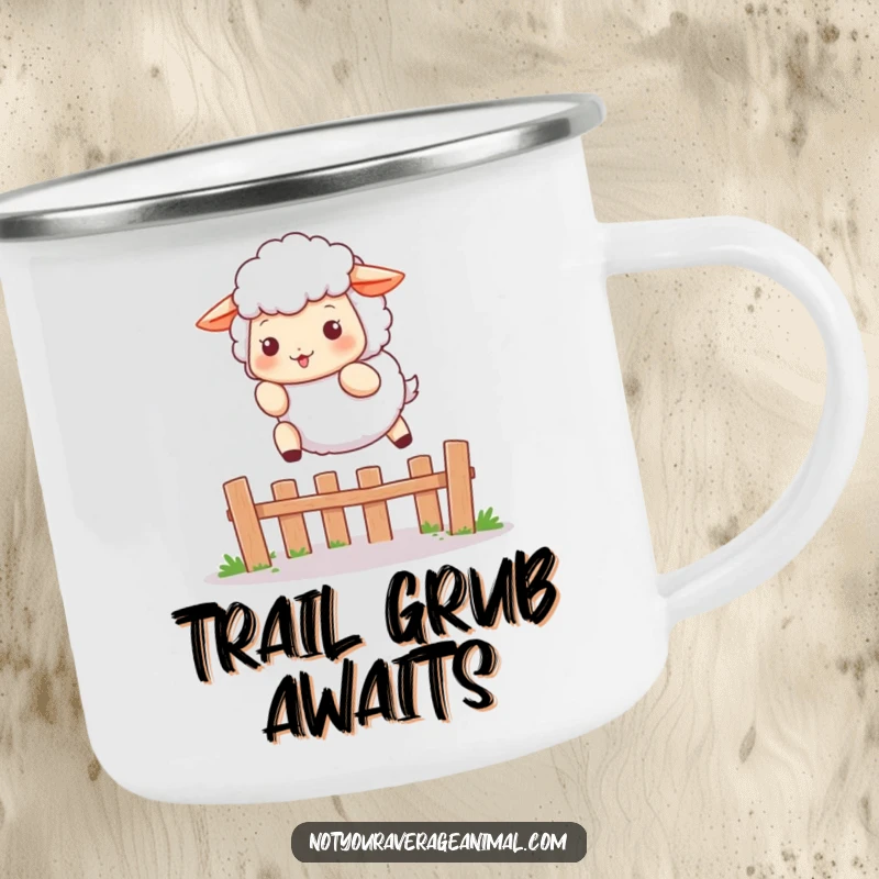 Funny camping mug featuring a fluffy sheep character playfully leaping over a small fence, perfect for cheerful outdoor trips.