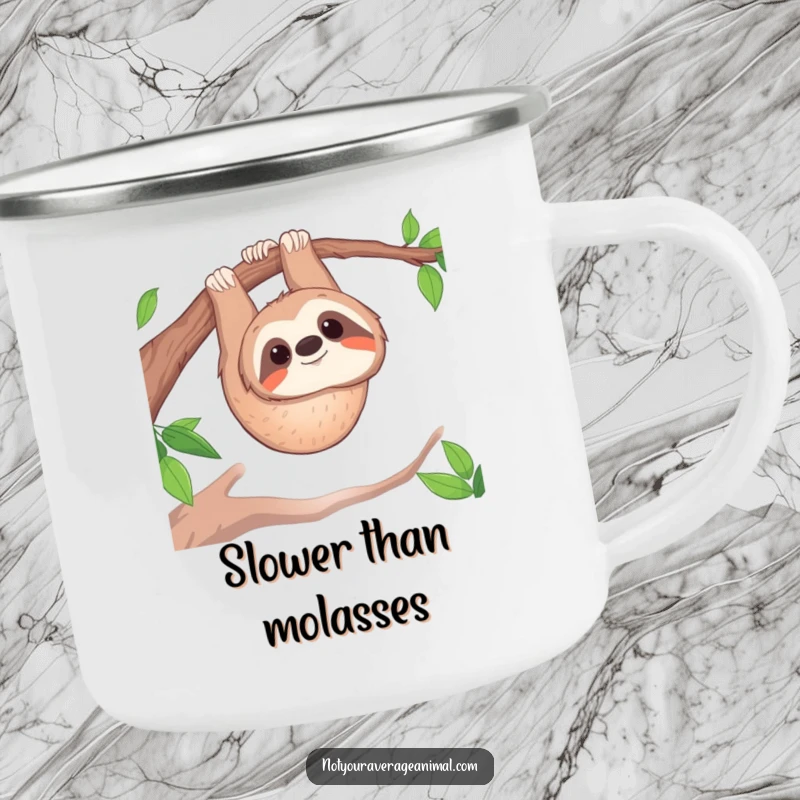 Funny camping mug: A curious sloth smiles while hanging upside down, ready for a slow adventure.
