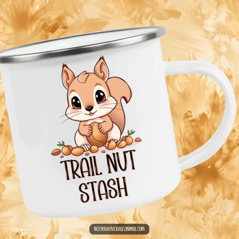 Funny squirrel camping mug with big eyes gathering nuts, designed for humorous outdoor sipping and celebrating woodland productivity.