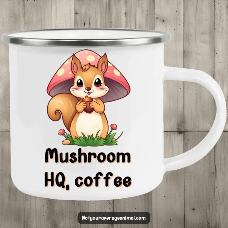 Funny Squirrel Camping Mug: A curious squirrel peeks from a mushroom, holding an acorn, perfect for enjoying beverages on outdoor adventures.