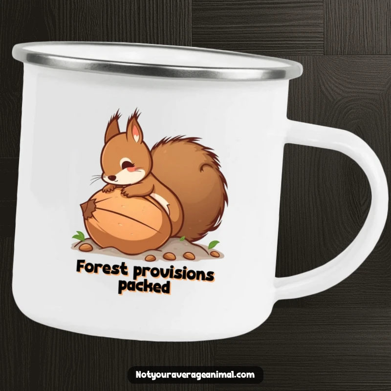 Funny camping mug featuring a squirrel with a big bushy tail burying an oversized nut, ideal for rugged outdoor fun.