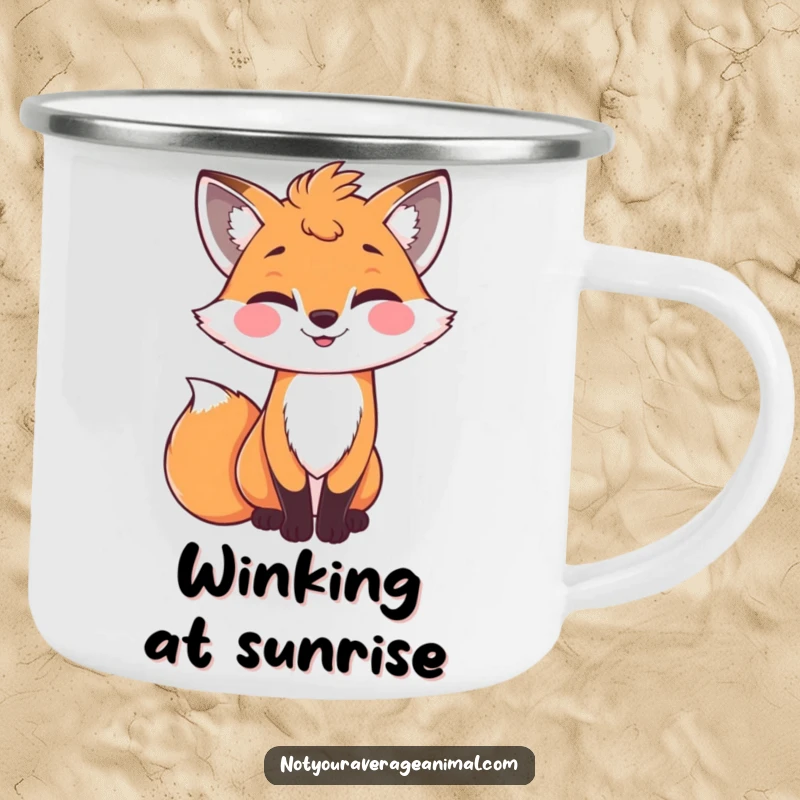 Funny bright grinning fox with a bushy tail winking, a durable camping mug.