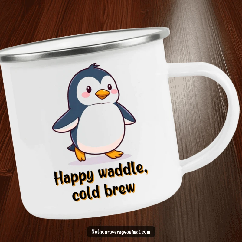 Funny camping mug featuring a proud penguin waddling happily, perfect for enjoying drinks during winter adventures with a humorous touch.
