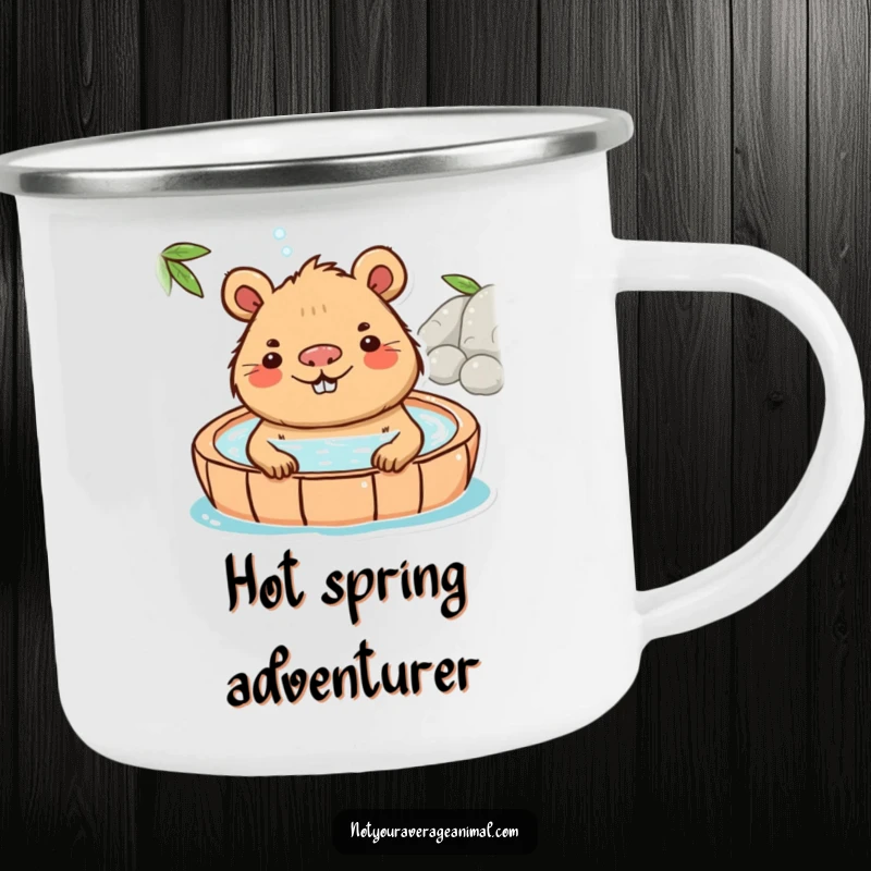 Funny Capybara Camping Mug featuring a playful capybara character enjoying a hot spring, ready for outdoor relaxation.