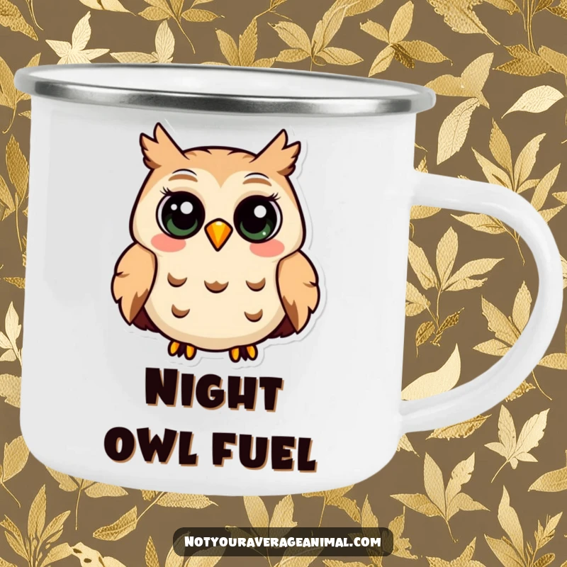 Funny camping mug featuring a smiling owl with big eyes, hooting contentedly, ideal for night adventures.