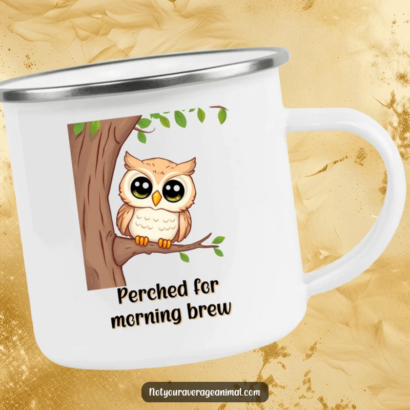 Funny camping mug featuring a curious owl with large eyes peeking from a branch, perfect for outdoor enthusiasts who appreciate wise companions.