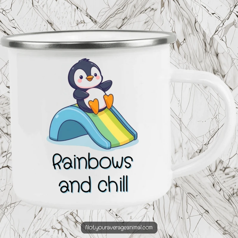 Funny camping mug showing a happy penguin sliding down a rainbow, perfect for outdoor fun and laughter.