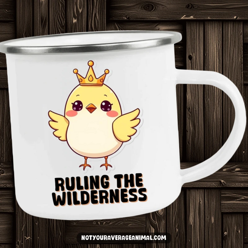 Funny cheerful bird wearing a tiny crown, designed for durable outdoor camping mugs.