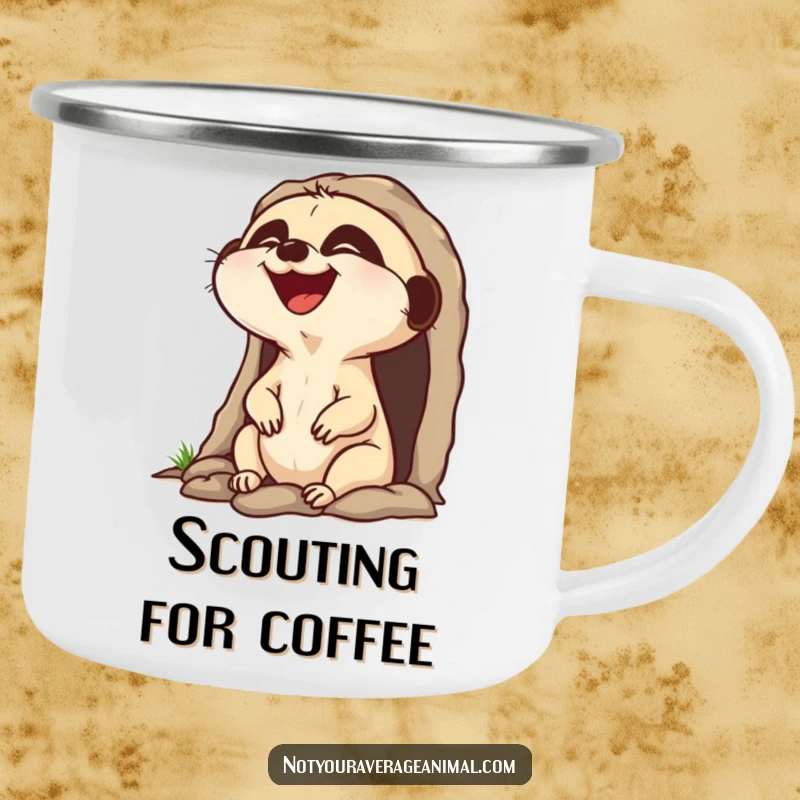 Funny laughing meerkat camping mug, a character popping head out of burrow laughing, for sunny adventures.