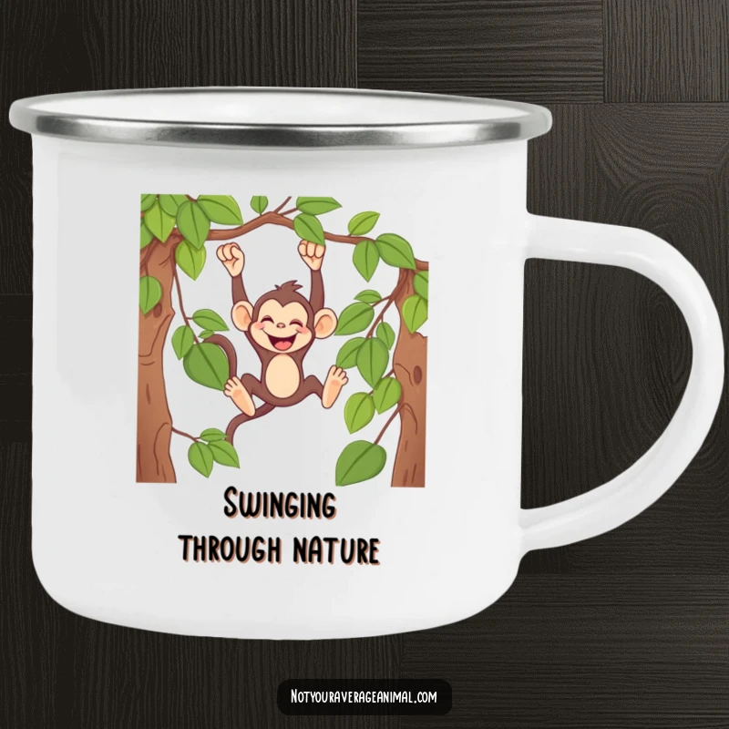 Funny monkey camping mug with a mischievous primate swinging from a vine, giggling heartily, durable for outdoor fun.