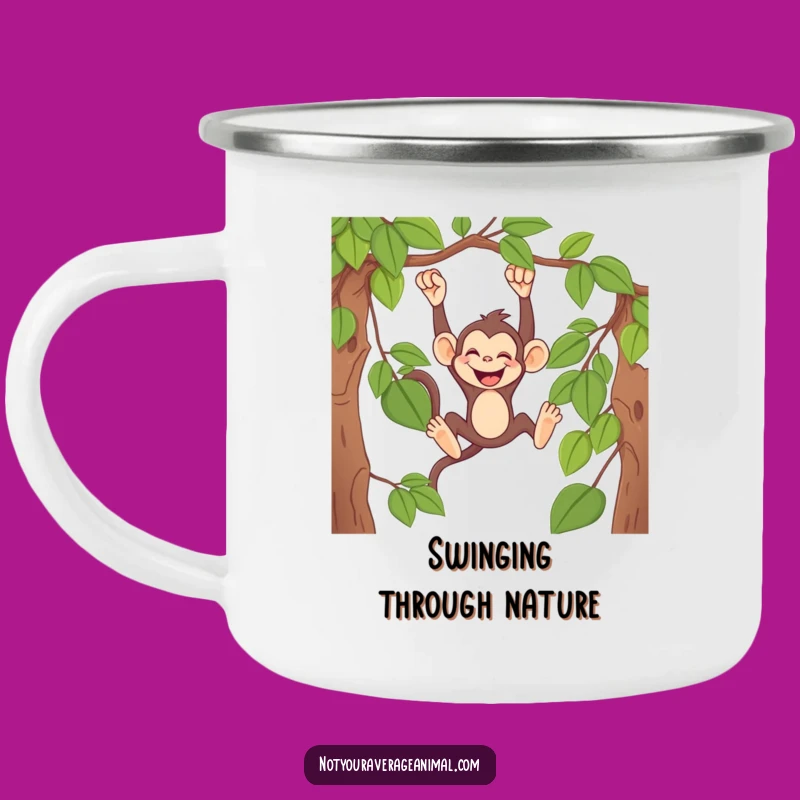 Funny Monkey Vine Swing Enamel Mug: Durable Primate Camping Gift, Perfect Funny Outdoor