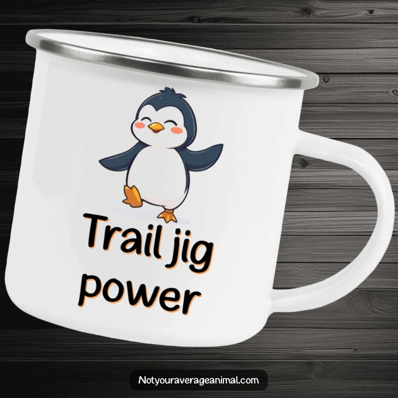 Funny Camping Mug: A determined penguin doing a joyful jig, perfect for outdoor trips and adding a smile.