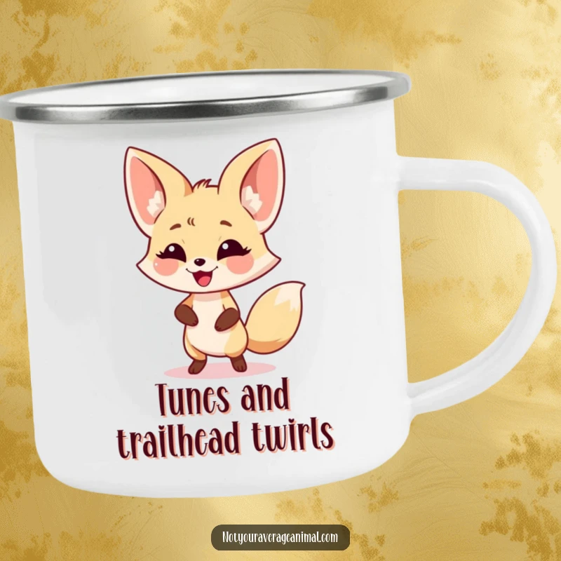 Funny fennec fox camping mug with a smiling, dancing character and oversized ears, perfect for outdoor enjoyment.