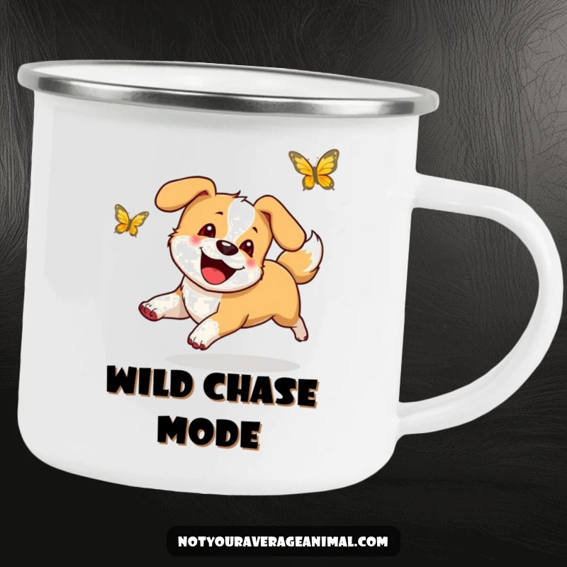 Funny camping mug featuring a happy dog with a wagging tail, enthusiastically chasing a butterfly, perfect for outdoor fun.