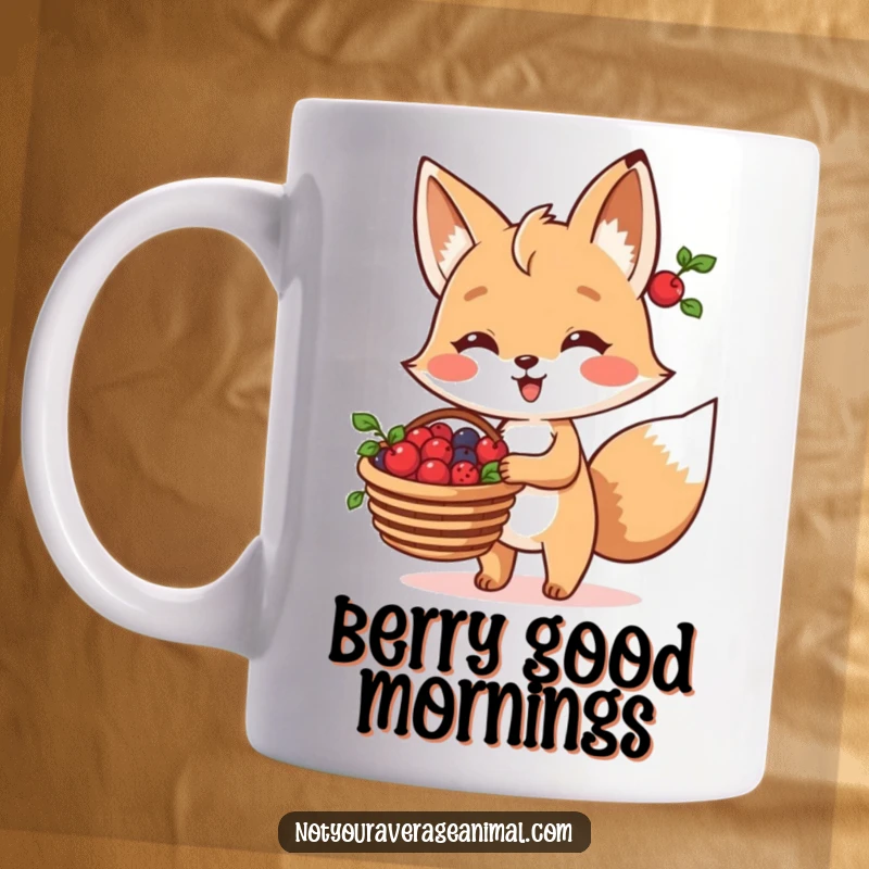 Funny Fox Mug featuring a cheerful fox character happily carrying a basket overflowing with ripe berries, radiating warmth.