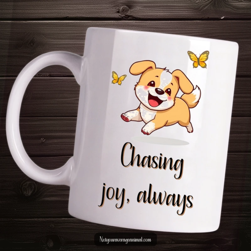 Funny mug showing a happy dog with its tail wagging uncontrollably, excitedly chasing a colorful butterfly in a field.