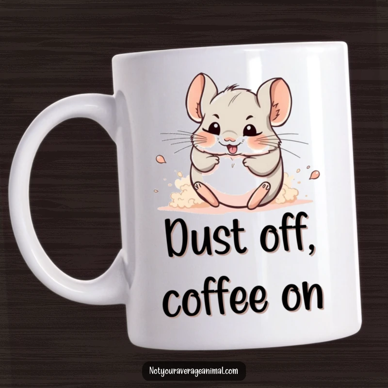 Funny mug: A cheerful chinchilla joyfully rolls around in a cloud of dust, looking utterly delighted.