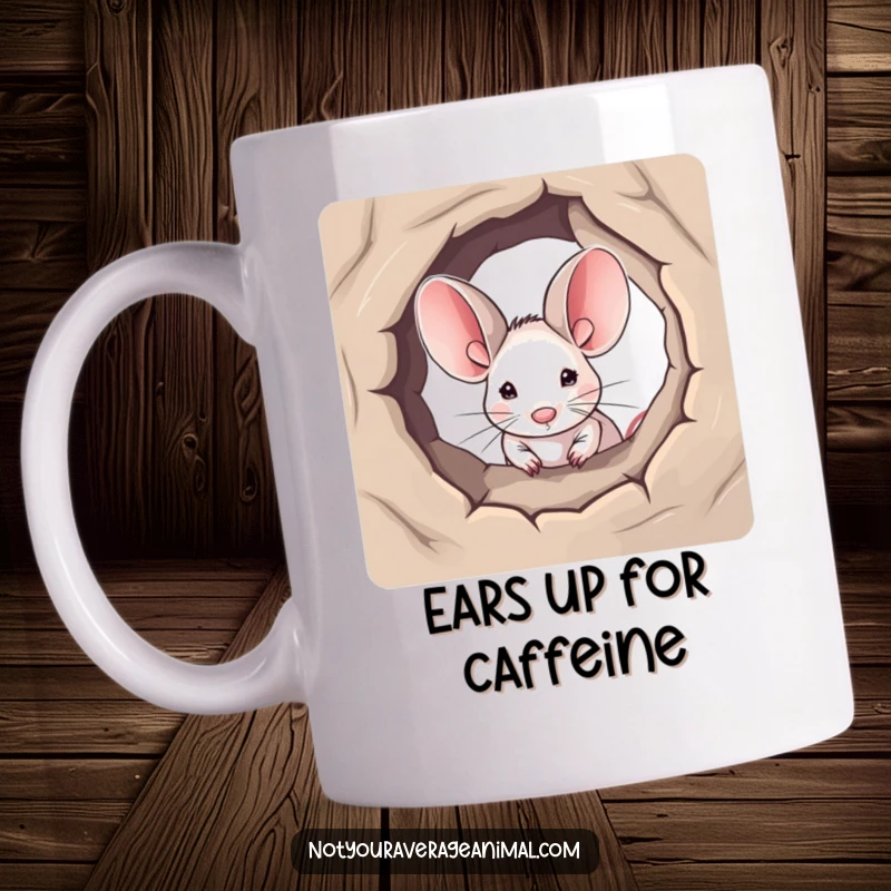 Funny mug showing a tiny mouse with huge ears curiously peeking out of a small hole, a sweet and humorous design.