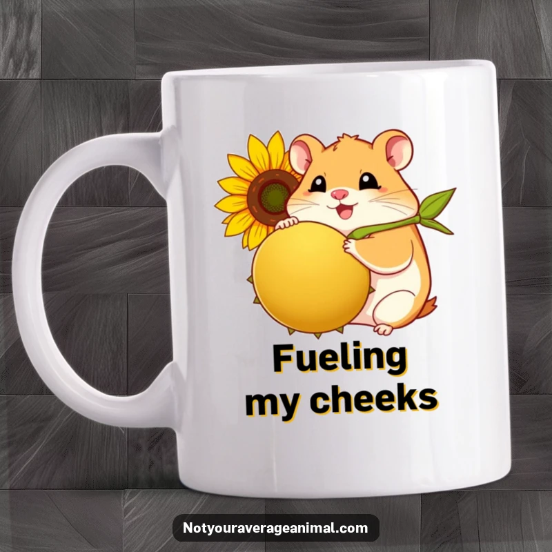 Funny hamster mug with a plump, smiling hamster joyfully hugging a very large sunflower seed.