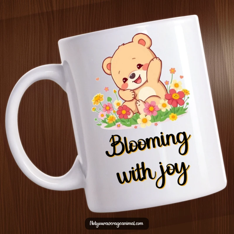 Funny Bear Cub Mug: A happy bear cub tumbles joyfully in a patch of vibrant flowers, perfect for a cheerful start.