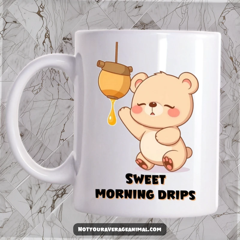 Funny mug with a sleepy bear cub, eyes wide, excitedly reaching for a tempting, dangling honeypot, dreaming of sweetness.