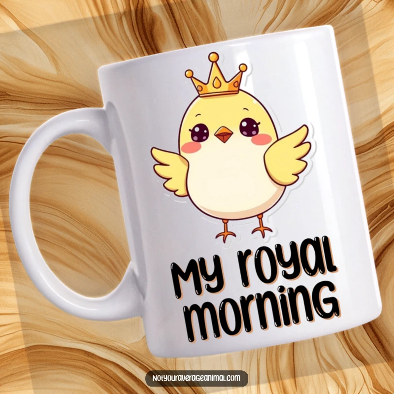 Funny cheerful bird proudly wearing a tiny golden crown, looking regal on this charming mug.