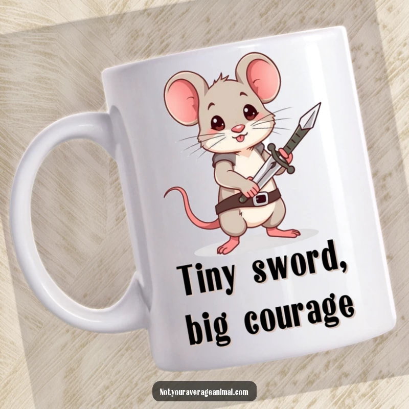 Funny Mouse Mug: A brave little mouse stands tall, holding a minuscule sword, ready for epic quests and morning coffee.