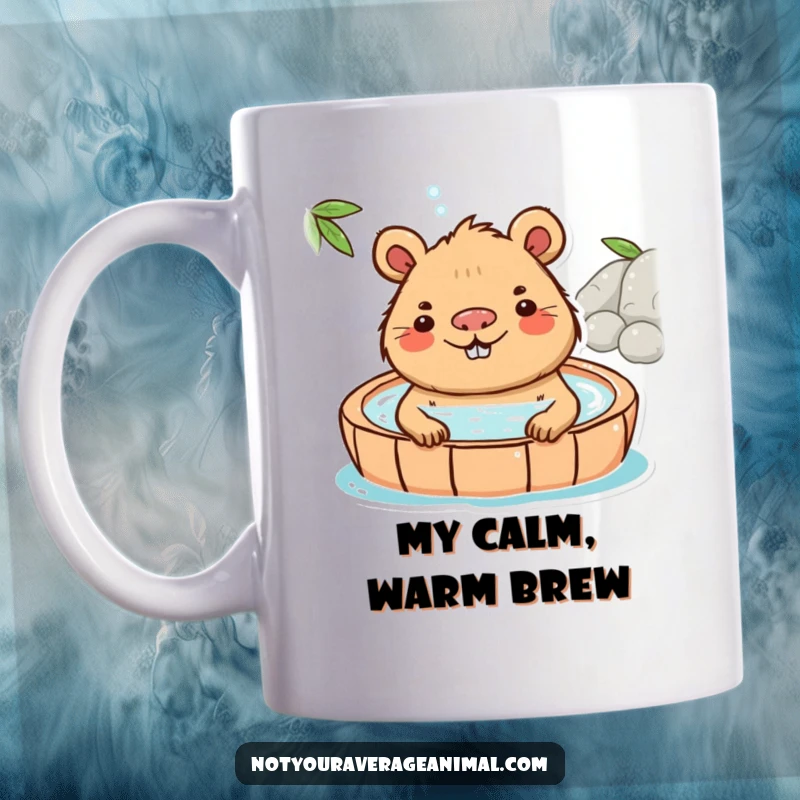 Funny Capybara Mug featuring a playful capybara character blissfully soaking in a hot spring with a serene smile.