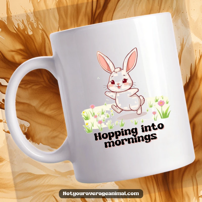 Funny mug showing a cheerful rabbit with impressively long ears, energetically hopping through a vibrant green field.