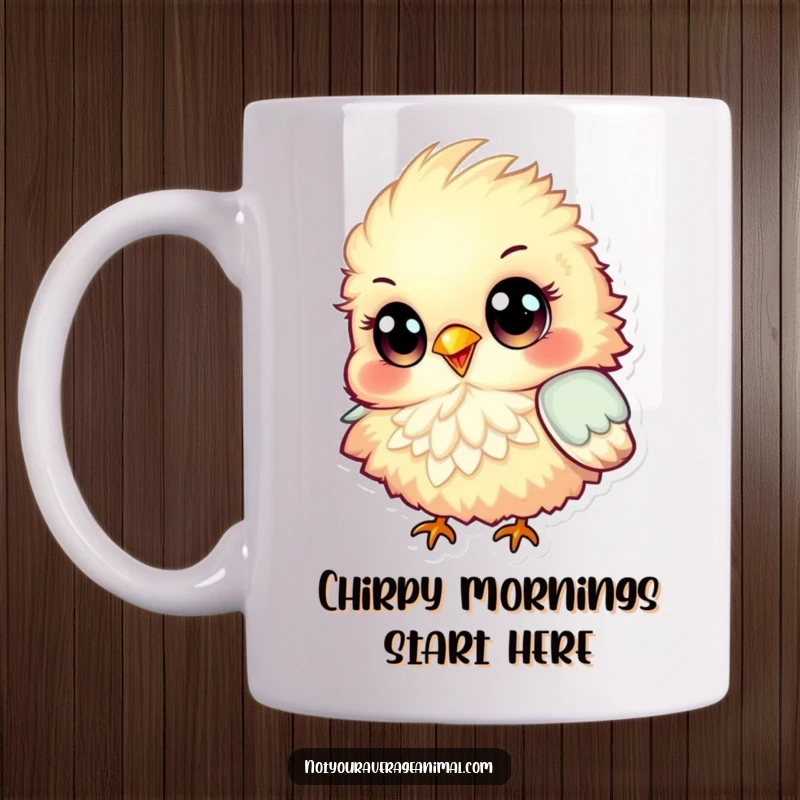 Funny Mug depicting a fluffy, colorful bird with large, expressive eyes chirping happily, radiating pure joy and cuteness.