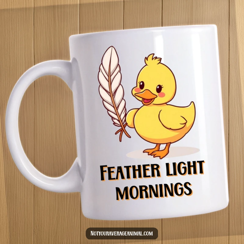 Funny cartoon duck mug showing a silly duck waddling happily with a comically large feather. A whimsical and humorous gift.