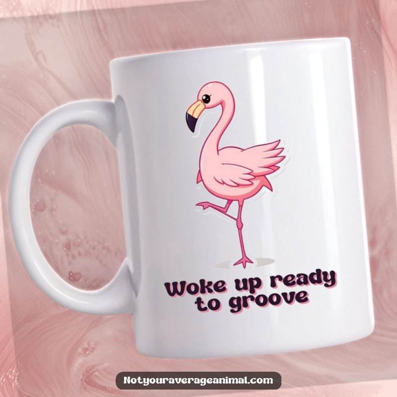 Funny flamingo character dancing with one leg raised, perfect for a humorous mug and a fun, energetic funny gift.