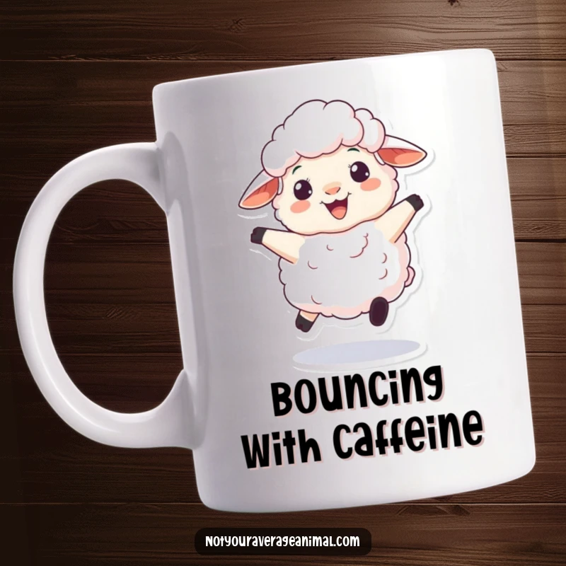 Funny mug depicting a fluffy sheep character playfully bouncing with an infectious woolly grin, radiating pure joy and whimsy.