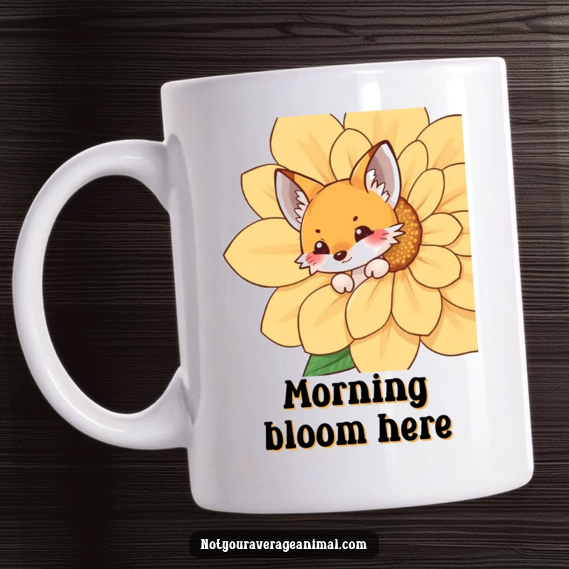 Funny fox mug with a playful foxy peeking from behind a large, colorful flower, evoking a sense of curiosity and joy.
