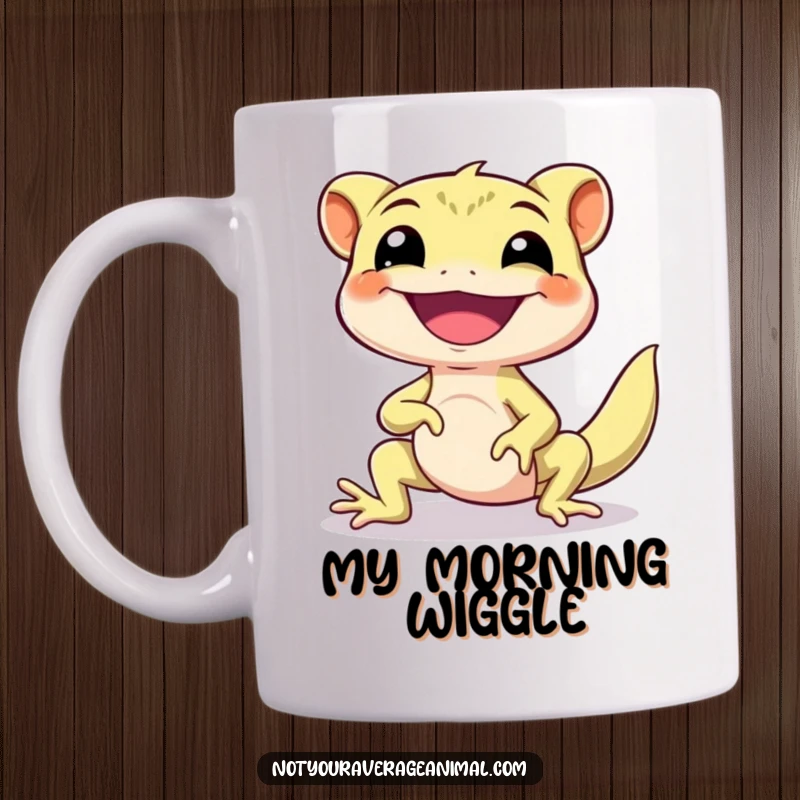Funny Gecko Mug featuring a cheerful gecko character doing a happy little shimmy dance, spreading pure joy and humor.
