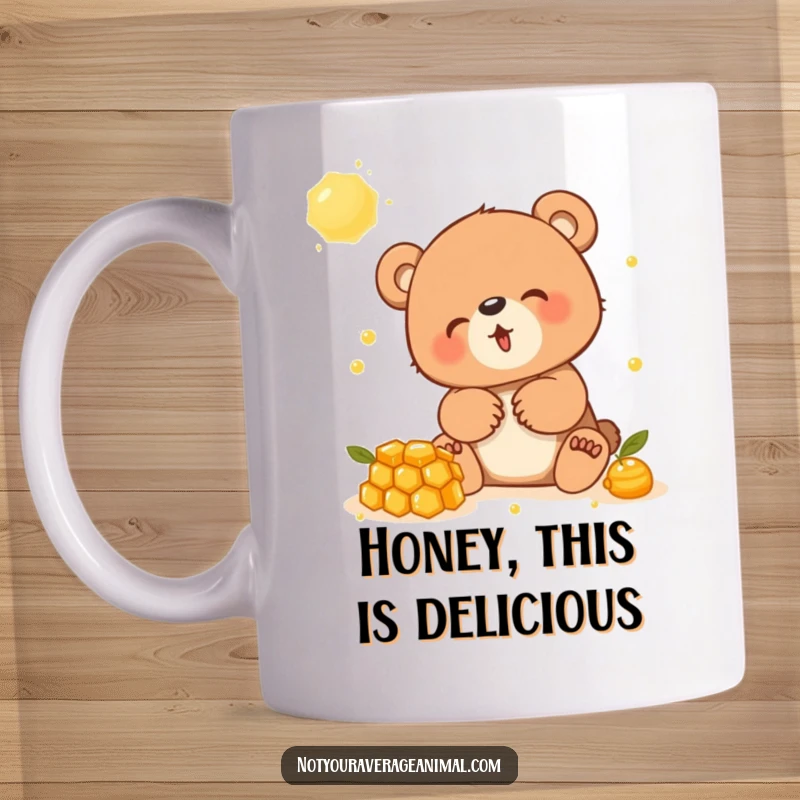 Funny mug featuring a giggling bear cub joyfully playing with a dripping honeycomb, capturing pure, sweet delight.