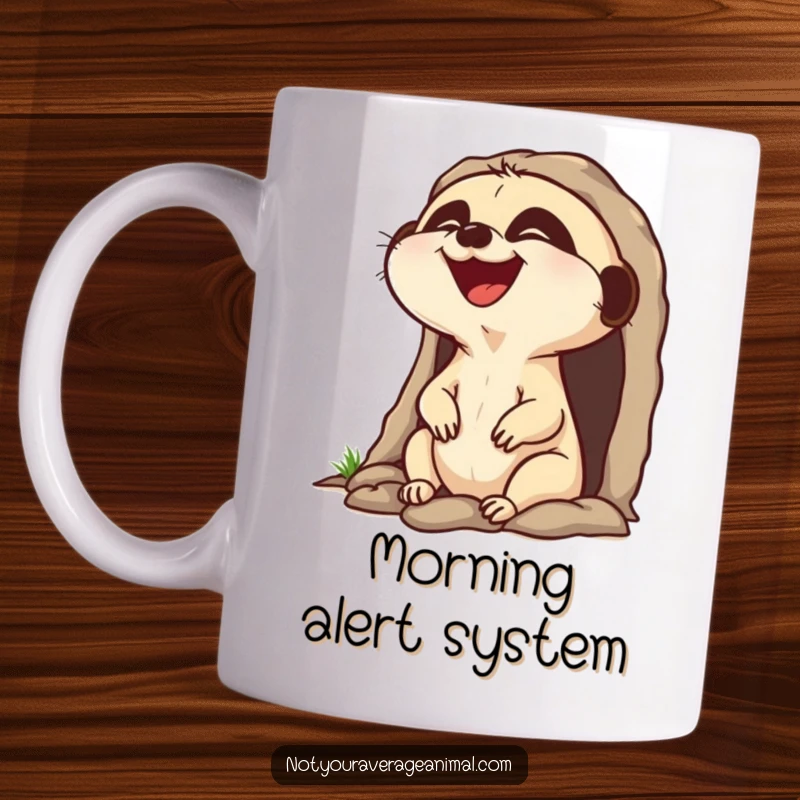 Funny laughing meerkat mug, popping head out of burrow with a huge laugh, capturing pure amusement.