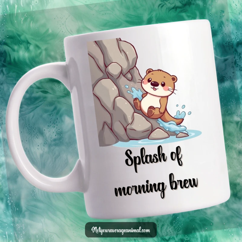 Funny mug: A playful otter slides down a rocky slope with a big splash, looking ecstatic.