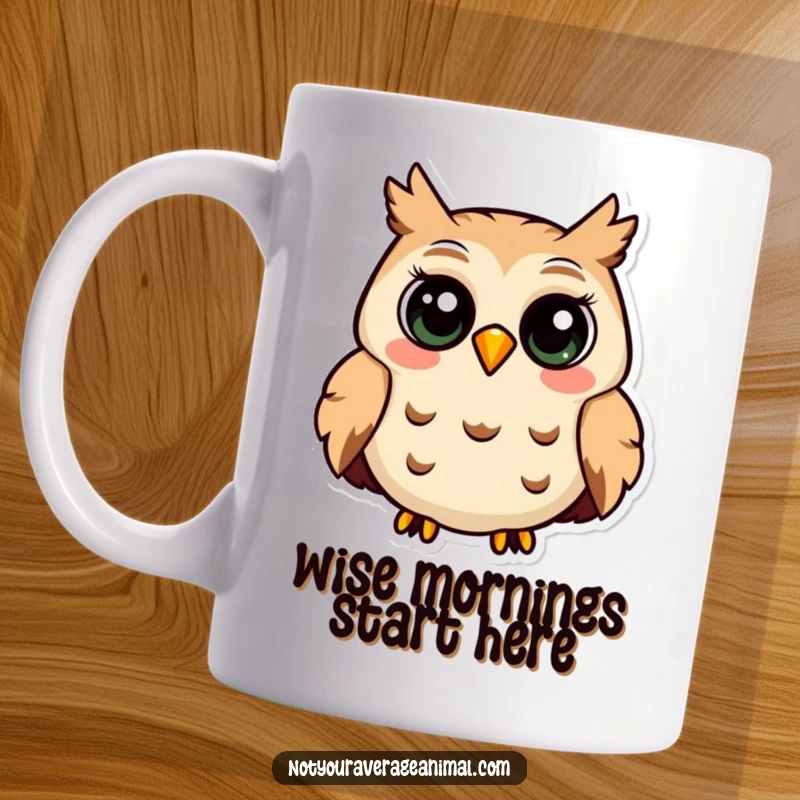 Funny mug featuring a smiling owl with large, expressive eyes contentedly hooting, exuding wisdom and joy.
