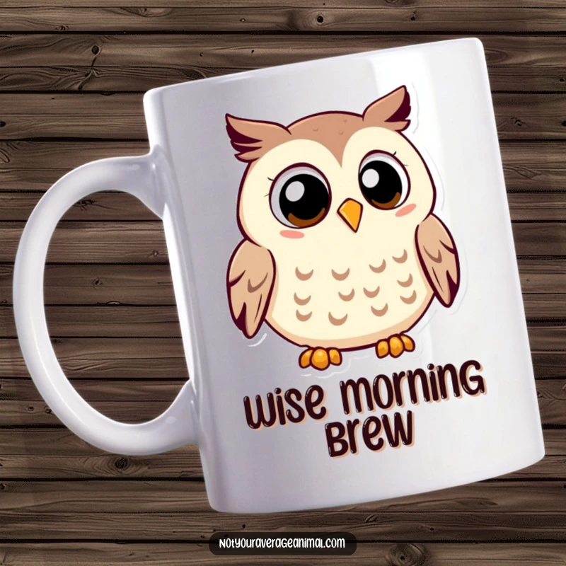 Funny owl mug showcasing a smiling owl with large, expressive eyes, hooting contentedly with a peaceful expression.