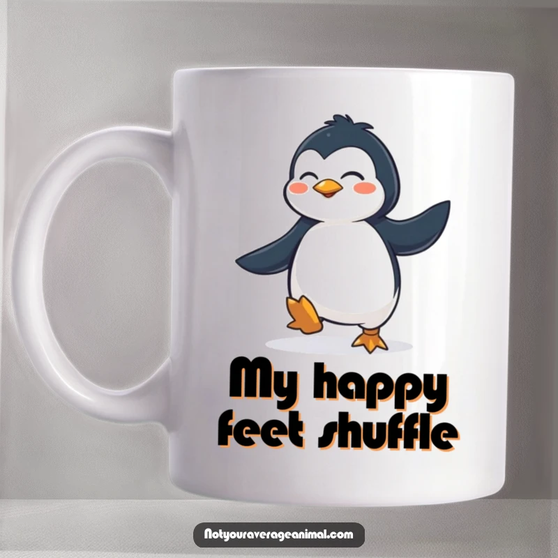 Funny Mug: A determined penguin happily performing a joyful jig with enthusiastic footwork, showcasing pure delight.